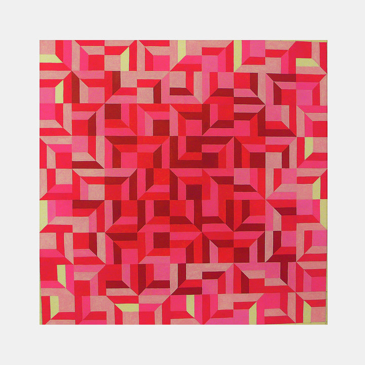 The artwork 'Fissured Facade' by Joe Piscopia features a geometric abstract composition of interlocking angular shapes in vibrant shades of red and pink, with subtle lime green accents. The repetitive pattern creates a three-dimensional optical illusion, resembling a fractured architectural surface painted in gouache on paper.