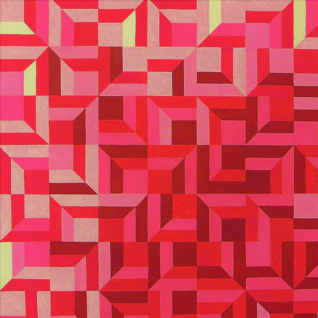 The artwork 'Fissured Facade' by Joe Piscopia features a geometric abstract pattern of interlocking cubes and angular shapes in vibrant shades of red, pink, and pale yellow. The gouache painting creates an optical illusion of three-dimensional forms through precise color blocking and shadow play, arranged in a mesmerizing grid-like composition on paper.