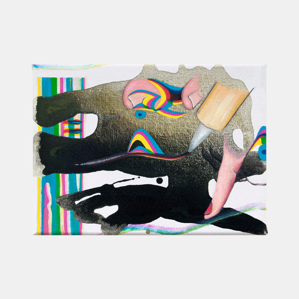 The artwork 'Fix Playfully' by Christian Perdix features abstract organic shapes in vibrant rainbow colors contrasting against deep black forms. Multi-colored vertical stripes frame playful curved elements, while metallic gold accents add depth and texture. Oil and acrylic on cotton create a dynamic composition of flowing lines and bold geometric patterns.