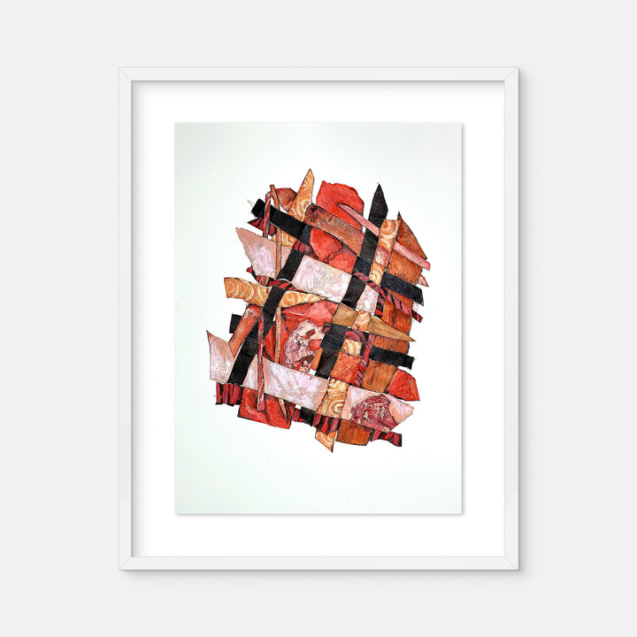 The artwork 'Flame Meditation' by Christina Massey features an abstract collage composition with layered geometric shapes in vibrant orange and red tones, intersected by bold black lines. The mixed-media piece combines acrylic paint, linocut printing, and threaded elements on canvas and paper, creating a dynamic textural interplay within a white frame.