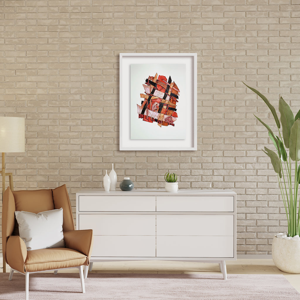 The artwork 'Flame Meditation' by Christina Massey features an abstract composition of interwoven orange and red geometric shapes against a white background. The mixed-media piece combines acrylic paint, linocut printing, and thread work, creating a dynamic pattern that suggests flames in motion. The white frame enhances the fiery composition, displayed on textured canvas and paper.