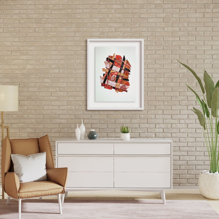 The artwork 'Flame Meditation' by Christina Massey features an abstract composition of interwoven orange and red geometric shapes against a white background. The mixed-media piece combines acrylic paint, linocut printing, and thread work, creating a dynamic pattern that suggests flames in motion. The white frame enhances the fiery composition, displayed on textured canvas and paper.
