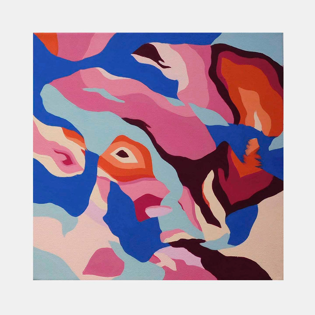 The artwork 'Flamingo' by Ellannah Sadkin features abstract flowing forms in vibrant pink, orange, and blue hues. The composition showcases organic, curved shapes reminiscent of fluid movement, with contrasting light turquoise and deep burgundy elements against a bold cobalt blue background. Acrylic on canvas, 10x10 inches, by Ellannah Sadkin.