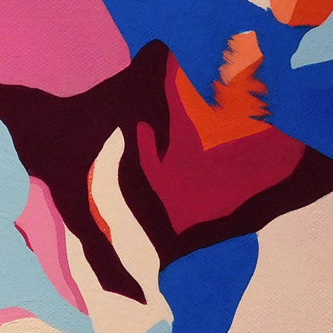 The artwork 'Flamingo' by Ellannah Sadkin features bold, abstract organic shapes in vibrant colors including deep burgundy, electric blue, coral pink, and pale beige. The 10x10 inch acrylic painting on canvas showcases flowing, curved forms that create a dynamic composition with sharp color contrasts and smooth textural transitions.
