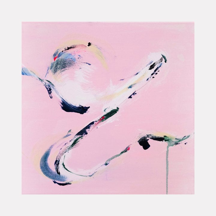 The artwork 'The Flamingo' by Kristin Gaudio Endsley features graceful brushstrokes in navy blue and white against a soft pink background. Abstract expressionist composition with fluid, dynamic movement reminiscent of a bird in flight. Created with acrylic on canvas, the piece showcases bold gestural marks and delicate color transitions on a 12x12 inch canvas.