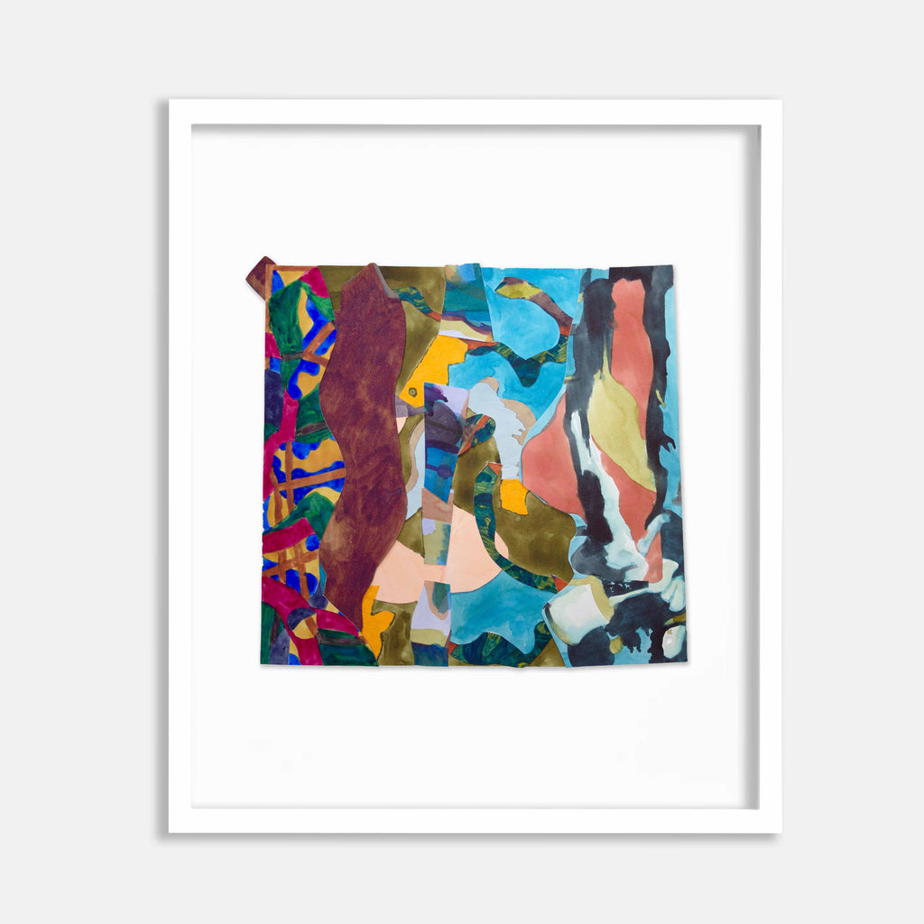 The artwork 'Fleet' by Winnie Sidharta features an abstract collage composition combining vibrant watercolor and paper elements. Bold strips of burgundy, turquoise, and coral create dynamic vertical movement, while organic shapes in olive green and navy blue interweave throughout. The piece showcases a kaleidoscopic array of torn paper fragments arranged in a fluid, mosaic-like pattern.