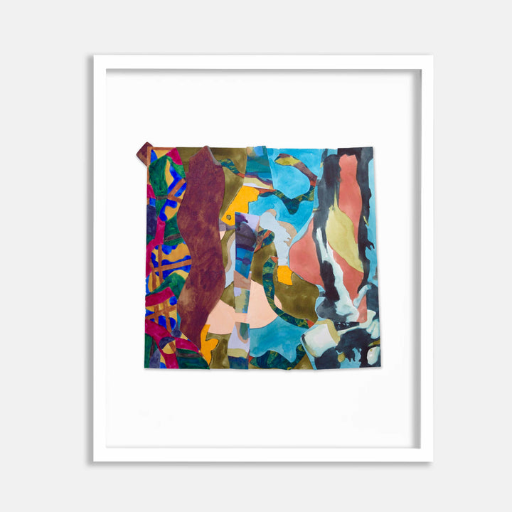 The artwork 'Fleet' by Winnie Sidharta features an abstract collage composition combining vibrant watercolor and paper elements. Bold strips of burgundy, turquoise, and coral create dynamic vertical movement, while organic shapes in olive green and navy blue interweave throughout. The piece showcases a kaleidoscopic array of torn paper fragments arranged in a fluid, mosaic-like pattern.