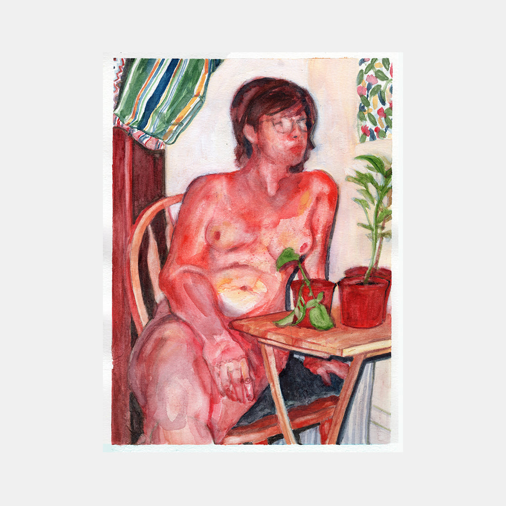 The artwork 'Flesh out' by Amelia Galgon features a seated figure in warm coral and pink tones, positioned next to houseplants in terracotta pots on a folding table. The watercolor and acrylic painting combines loose brushstrokes with delicate pencil details, set against a white background with hints of green drapery.