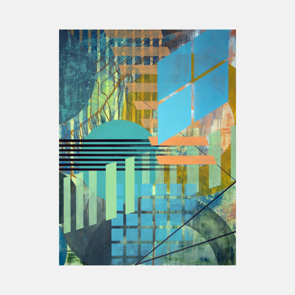 The artwork 'Flicker' by Linda Schmidt features an abstract geometric composition with overlapping shapes in vibrant turquoise, yellow, and green tones. Sharp diagonal lines intersect with horizontal stripes, creating a dynamic architectural feel. The layered elements combine matte and glossy textures achieved through Flashe vinyl paint and graphite on Mylar.