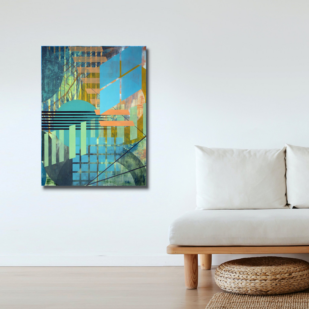 The artwork 'Flicker' by Linda Schmidt features geometric abstract composition with overlapping translucent layers in turquoise, orange, and mint green. Bold diagonal lines intersect with horizontal stripes, creating dynamic depth and movement. The vinyl paint on Mylar creates a luminous effect with graphite details adding industrial elements.
