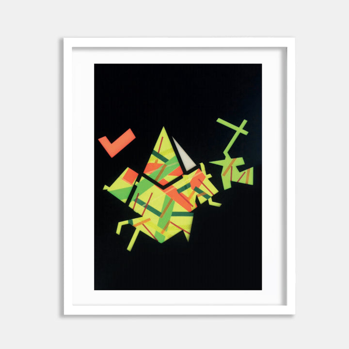The artwork 'Fllormma 5' by Philippe Halaburda features dynamic geometric shapes in vibrant lime green and coral orange against a deep black background. Abstract angular forms create a playful composition of intersecting lines and triangular elements, crafted with collage technique and color tape on black mountboard, presenting a modern minimalist aesthetic.
