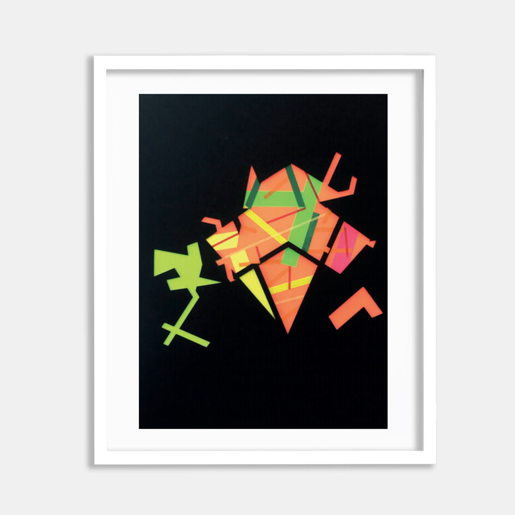 The artwork 'Fllormma 6' by Philippe Halaburda features abstract geometric shapes in vibrant neon colors against a deep black background. Fluorescent orange, pink, and lime green tape strips create angular forms and dynamic intersections, resembling deconstructed letters or architectural fragments in a collage composition on black mountboard.