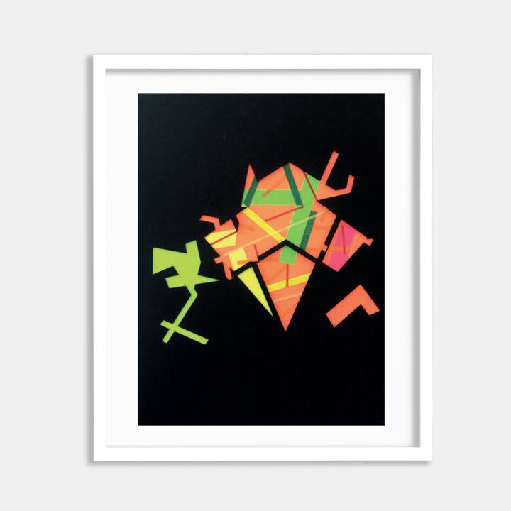 The artwork 'Fllormma 6' by Philippe Halaburda features abstract geometric shapes in vibrant neon colors against a deep black background. Fluorescent orange, pink, and lime green tape strips create angular forms and dynamic intersections, resembling deconstructed letters or architectural fragments in a collage composition on black mountboard.