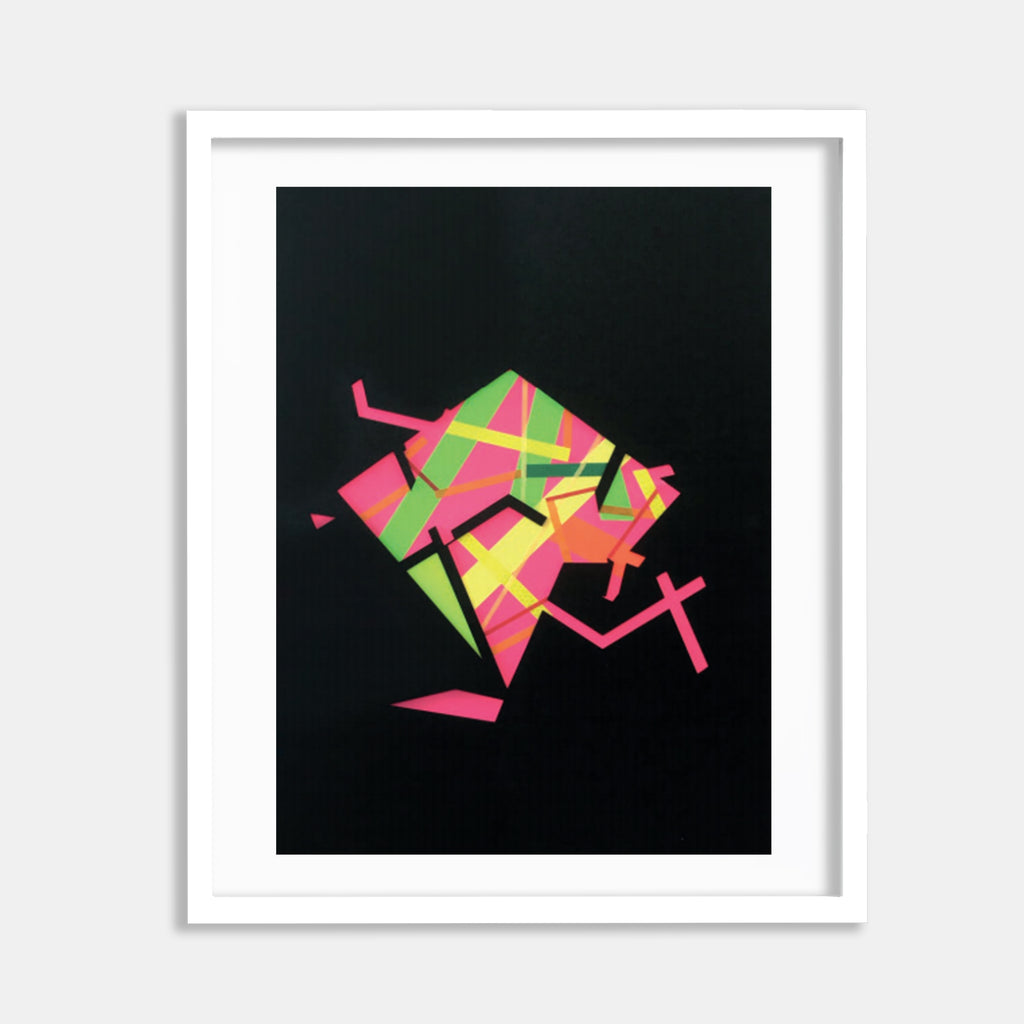 The artwork 'Fllormma 7' by Philippe Halaburda features vibrant geometric shapes in neon pink, lime green, and orange arranged in an abstract, dynamic composition against a deep black background. The collage combines color tape creating angular forms that suggest movement and energy, presented in a white frame.