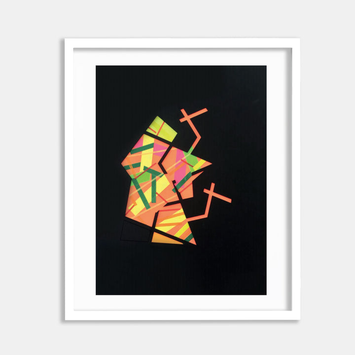 The artwork 'Fllormma 8' by Philippe Halaburda features geometric abstract shapes in vibrant coral, yellow, and lime green against a deep black background. Angular fragments create a dynamic composition suggesting movement, with intersecting lines and crossed elements. The mixed media on canvas piece displays bold color blocking and modernist design principles.