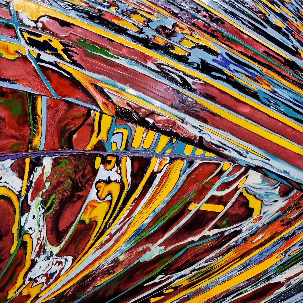 The artwork 'Flooding 2' features dynamic diagonal streaks of vibrant colors, including bold reds, yellows, and blues, created with synthetic glazes on canvas. The painting exhibits a fluid, marbled effect with intersecting lines creating a dramatic sense of movement and depth. The abstract composition suggests a rushing flow of liquid elements across the 40x40 inch canvas by Sabrina Puppin.