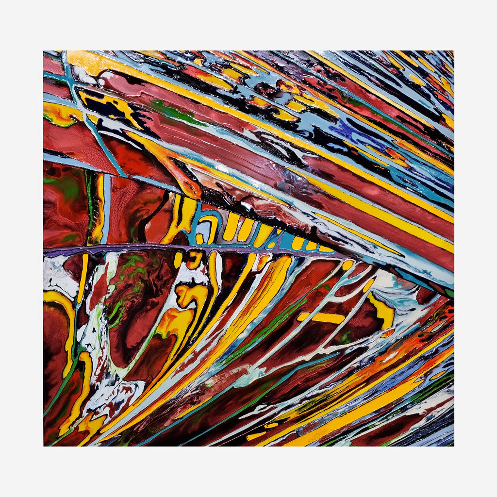 The artwork 'Flooding 2' by Sabrina Puppin features dynamic diagonal streaks of vibrant colors, including bold reds, yellows, and blues, creating a fluid, motion-filled composition. The synthetic glazes on canvas create a glossy, marbled effect with dramatic directional movement and striking color contrasts reminiscent of abstract expressionism. By Sabrina Puppin.