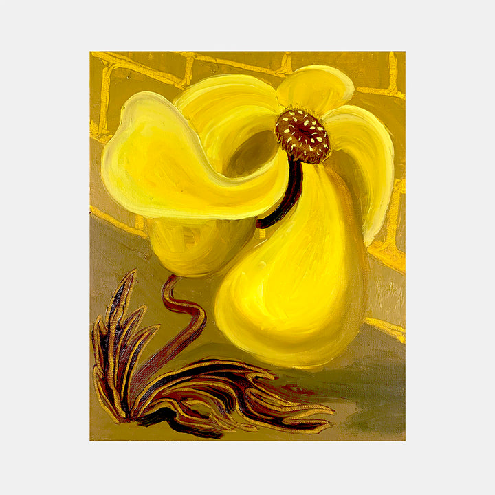 The artwork 'Florecita Amarilla' by Juan Arango Palacios features a vibrant yellow flower with curved, flowing petals against a golden-brown background. The abstract botanical composition showcases a swirling floral form with a dark brown center and decorative leaf elements at the base, painted in expressive oil strokes on canvas.