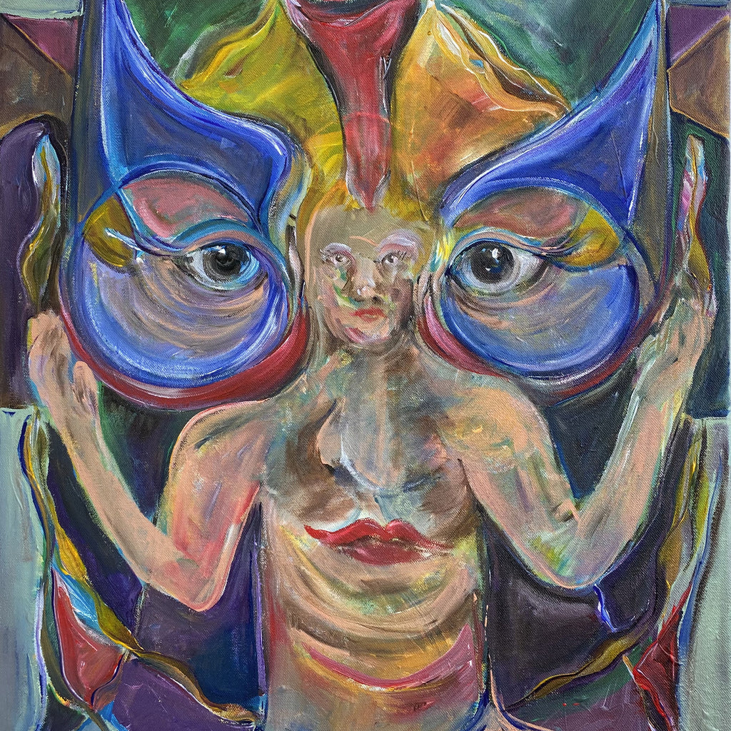 The artwork 'Flower Angel' by Chancy Glance features a surreal figure with striking blue wing-like forms framing expressive eyes. The painting employs vibrant colors including deep blues, reds, and yellows in a swirling, expressionistic style. Created in acrylic on canvas, the abstract composition combines fluid shapes and dynamic brushstrokes to create a mystical, ethereal effect. | By Chancy Glance