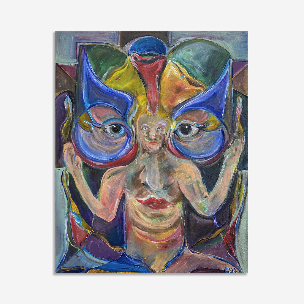 The artwork 'Flower Angel' features a vibrant abstract portrait rendered in bold brushstrokes and vivid colors, including deep blues, yellows, and greens. Butterfly-like wing shapes frame the central figure in a dynamic composition. The acrylic painting on gallery wrapped canvas showcases expressive contemporary style with swirling forms and layered textures. By Chancy Glance.