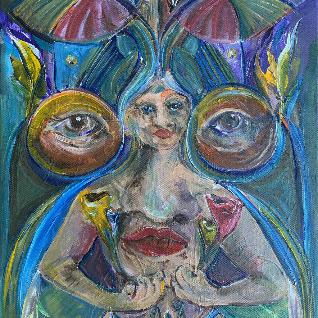The artwork 'Flower Angel v.2' features an abstract figure surrounded by vibrant butterfly wing-like forms in turquoise and green. Large circular elements resembling spectacles dominate the composition, set against a dynamic blue background. Yellow floral accents and expressive brushstrokes create movement throughout this 20x16 inch acrylic painting by Chancy Glance.