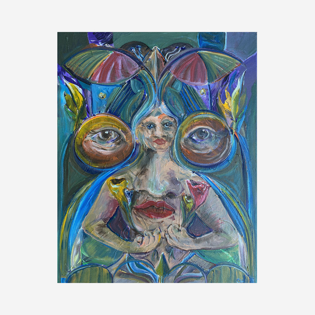 The artwork 'Flower Angel v.2' by Chancy Glance features a surreal mixed-media composition with prominent turquoise and blue hues, depicting abstract butterfly-like wings and circular forms. Vibrant yellow accents and flowing organic shapes create a dynamic, ethereal effect on the 20x16 inch acrylic canvas.