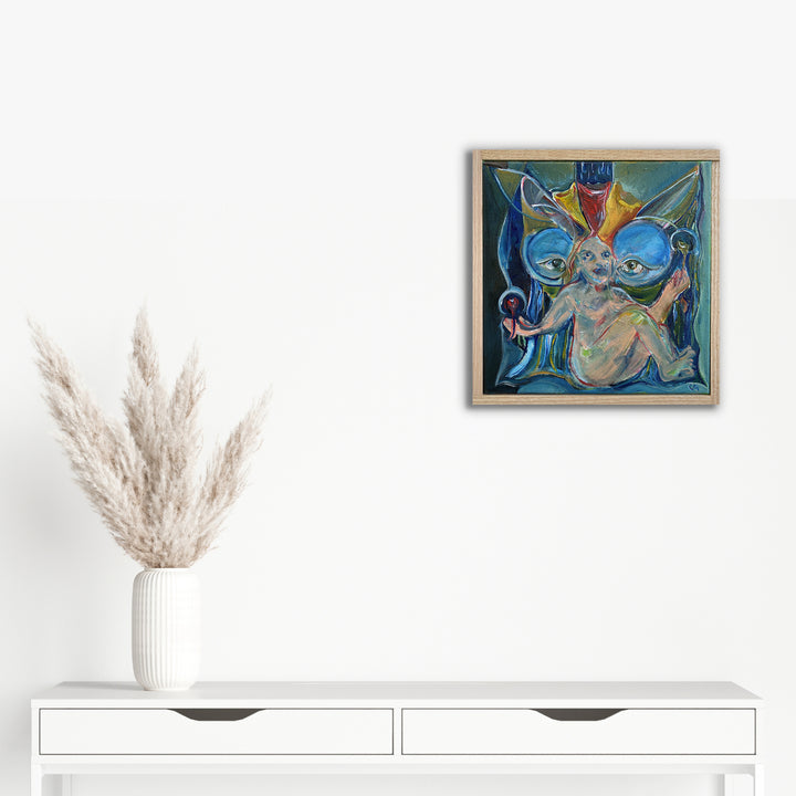 The artwork 'Flower Giver' by Chancy Glance features an abstract figure in vibrant turquoise and blue tones against a dynamic background. The 13x13 inch acrylic painting on stretched canvas showcases expressive brushstrokes, geometric shapes, and flowing lines, creating a whimsical composition framed in an oak cradle. Artistic elements blend modern and surreal styles with aqua, yellow, and green accents.