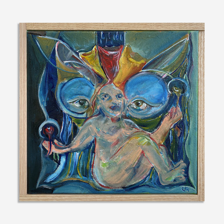 The artwork 'Flower Giver' features a whimsical abstract figure surrounded by swirling blue and turquoise forms. The central figure holds a red orb, with large circular blue elements framing the composition. Painted in expressive brushstrokes with vibrant yellows, blues, and reds on a 13x13 inch acrylic canvas, oak-cradled. By Chancy Glance.