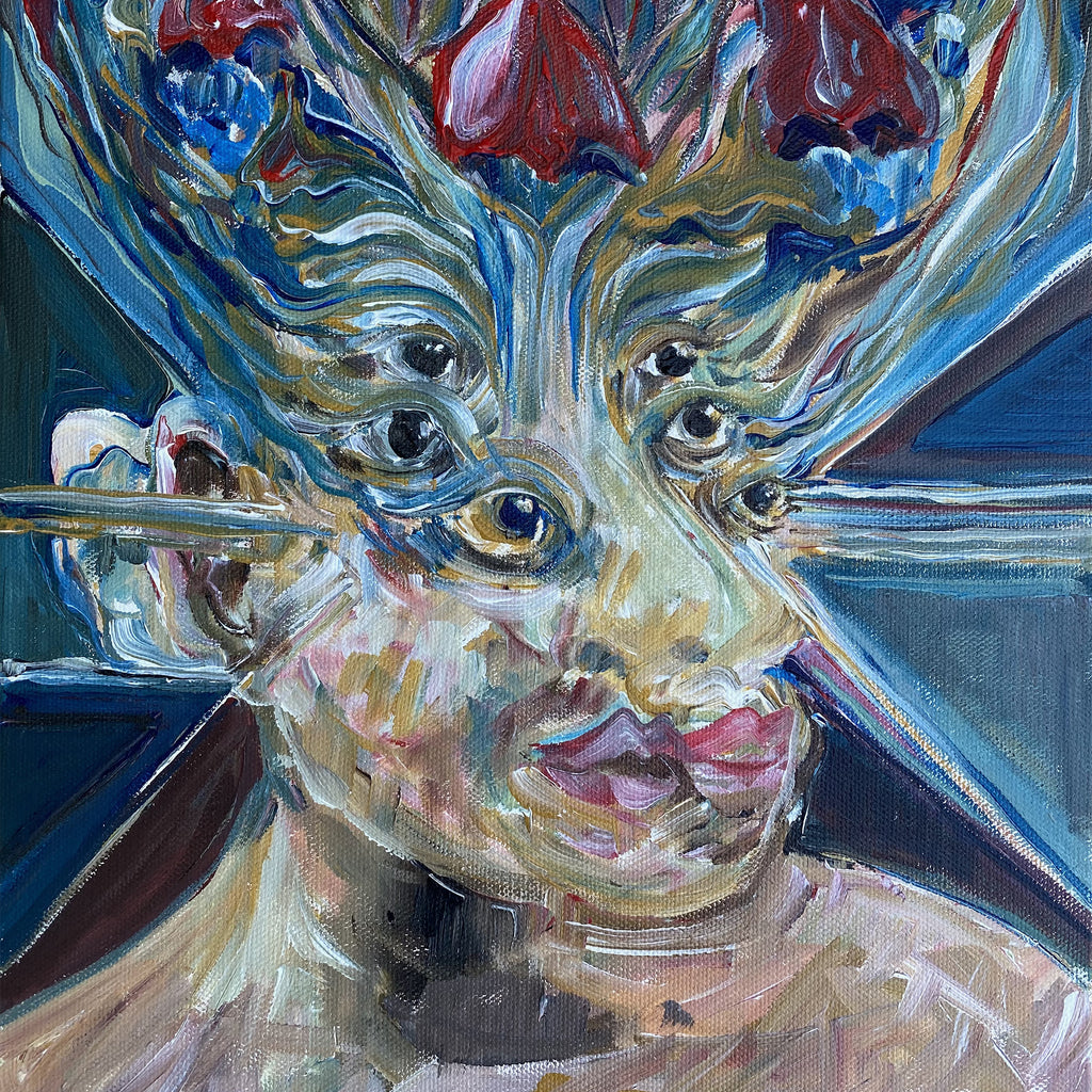 The artwork 'Flower Heart Crown' features a surreal abstract portrait with multiple eyes in swirling blue and teal tones, crowned with deep red heart-shaped elements. Painted in expressive brushstrokes on canvas with acrylic paints, showcasing dynamic movement and ethereal qualities. By Chancy Glance.
