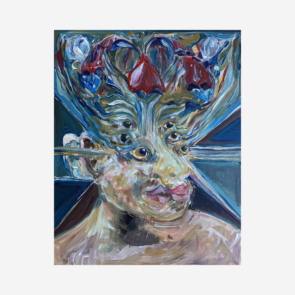 The artwork 'Flower Heart Crown' features vibrant swirls of blue, red, and turquoise paint forming a dynamic floral crown composition. Bold brushstrokes in acrylic create an expressive portrait on gallery wrapped canvas, with flowing botanical elements merging into abstract forms. The piece showcases an energetic contemporary style with rich textural details. By Chancy Glance.