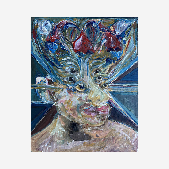 The artwork 'Flower Heart Crown' features vibrant swirls of blue, red, and turquoise paint forming a dynamic floral crown composition. Bold brushstrokes in acrylic create an expressive portrait on gallery wrapped canvas, with flowing botanical elements merging into abstract forms. The piece showcases an energetic contemporary style with rich textural details. By Chancy Glance.