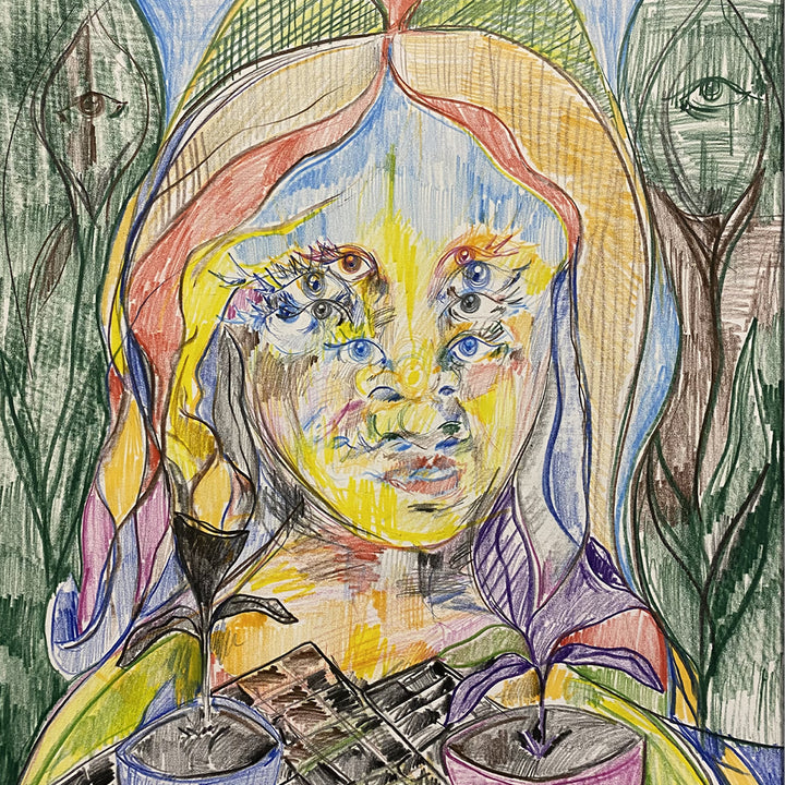 The artwork 'Flower Keeper: Water Source' features a surreal portrait rendered in colored pencil on Bristol paper. A figure emerges through ethereal strokes of yellow, pink, and blue, surrounded by green foliage. Multiple eyes create a mystical quality, while flowing lines suggest movement and fluidity. The composition blends organic forms with dreamlike elements. By Chancy Glance.