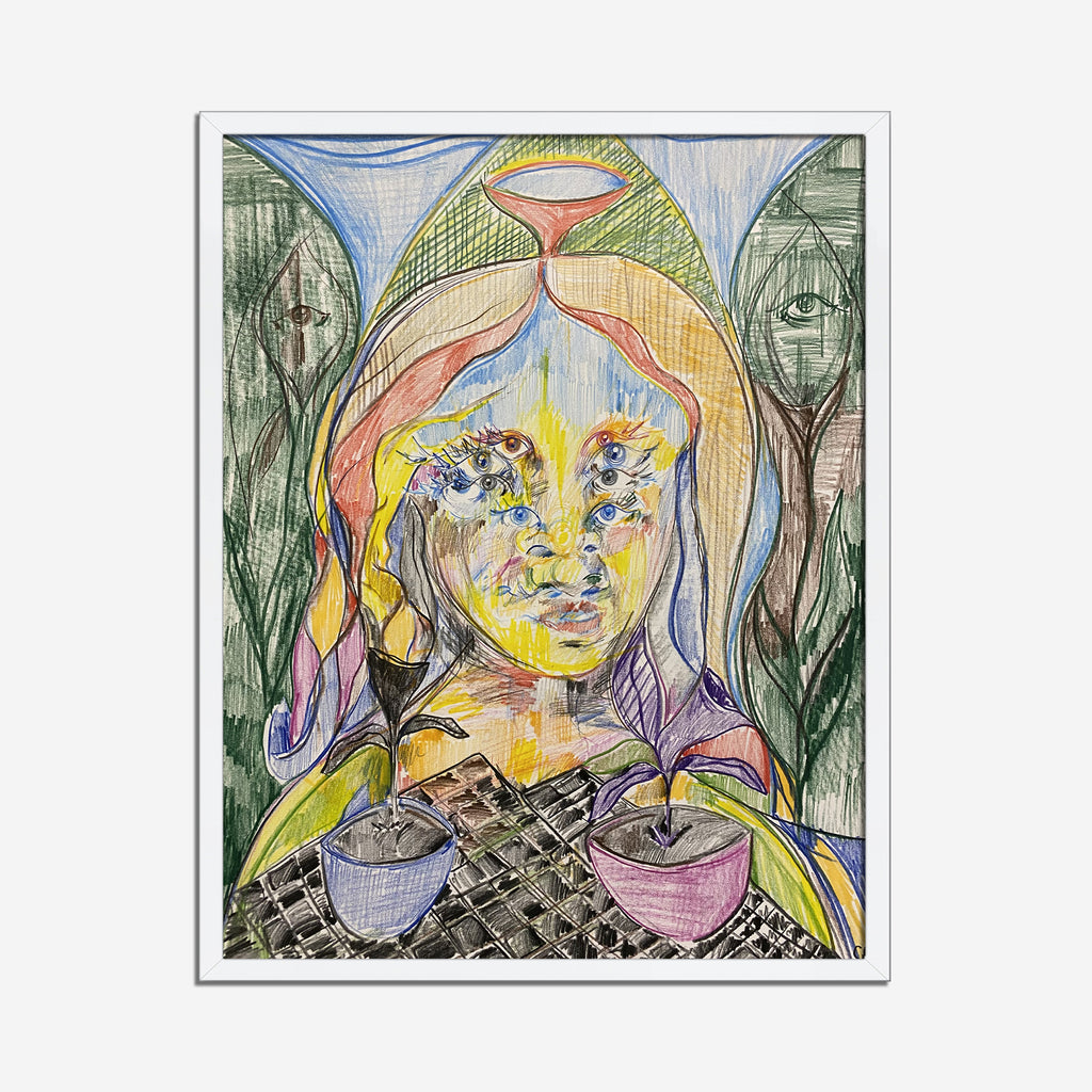 The artwork 'Flower Keeper: Water Source' features an ethereal composition in colored pencil, depicting a central figure surrounded by botanical elements. The drawing showcases vibrant yellows, pinks, and greens, with flowing lines creating a dreamlike atmosphere. Two vessels appear in the foreground on a textured pattern, while organic shapes frame the composition. Created in colored pencil on Bristol by Chancy Glance.