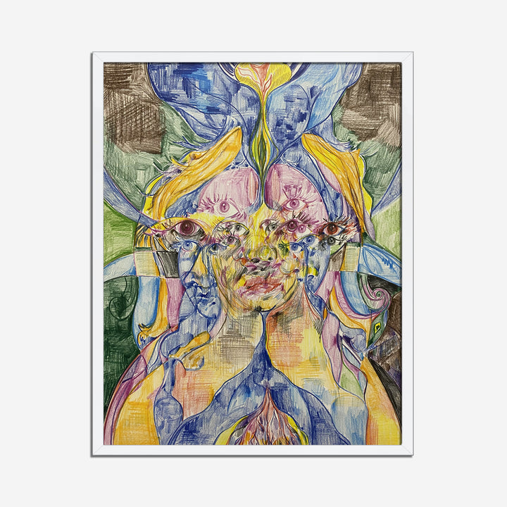The artwork 'Flowing Water' features an abstract figure composed of interweaving fluid lines in vibrant yellow, blue, and pink hues. Colored pencil strokes create dynamic movement across Bristol paper, depicting organic forms that blend and flow together in a dreamlike composition. Green and brown tones frame the central figure. 14x11 inches. By Chancy Glance.