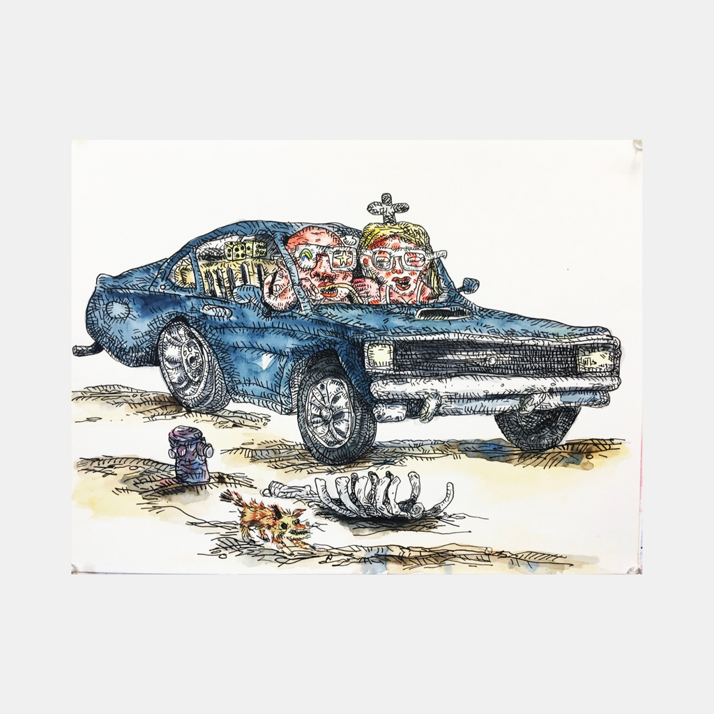 The artwork 'Fluffy Dice Muscle Car' by Andrew Chan features a vintage blue muscle car rendered in ink and watercolor. The detailed illustration shows a classic car with chrome bumpers, hanging dice decoration, and distinctive grille. The watercolor technique creates a nostalgic feel with loose brushstrokes and sketchy linework on white background.