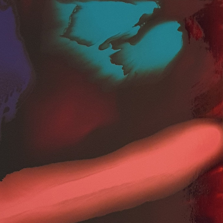The artwork 'Fluid Pop 20' by Sabrina Puppin features abstract fluid forms with vibrant turquoise clouds floating against a dark background, contrasted by a sweeping coral-colored wave formation below. Created with synthetic glazes on wood, the 20x20 piece showcases a dramatic interplay of luminous colors and organic shapes, embodying a contemporary fluid art aesthetic.