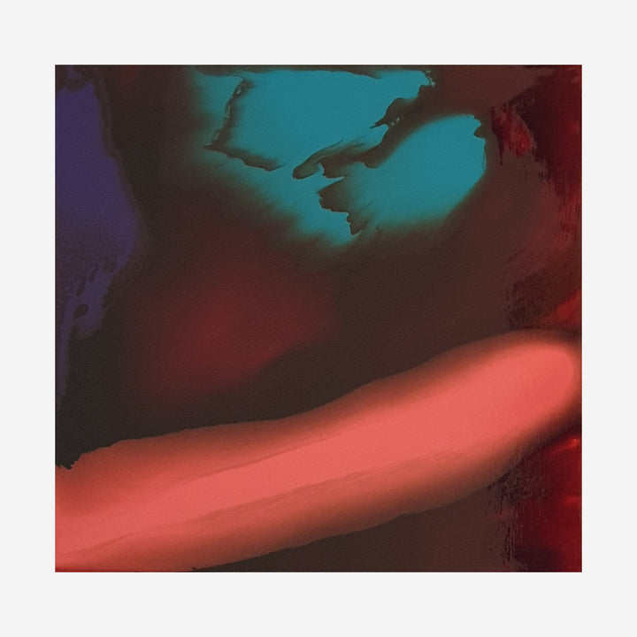 The artwork 'Fluid Pop 20' by Sabrina Puppin features dynamic abstract fluid shapes in vibrant turquoise and coral, set against a dark background. The composition showcases flowing organic forms with a glossy synthetic glaze finish on wood, creating a striking contrast between warm and cool tones. The 20x20 inch contemporary piece demonstrates fluid art techniques and bold color interplay.