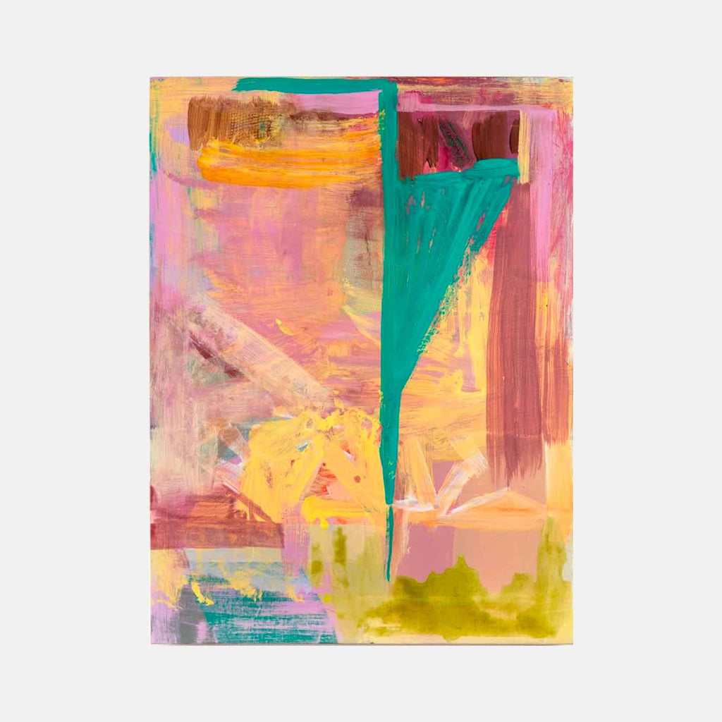 The artwork 'Flume' by Molly Herman features vibrant abstract expressionist brushstrokes in pink, turquoise, and yellow hues. A dramatic teal vertical shape cuts through warm golden tones and soft rose backgrounds, creating dynamic movement across the oil painting on birch. Bold gestural marks and layered paint textures combine in this 40x30 inch contemporary abstract composition by Molly Herman.