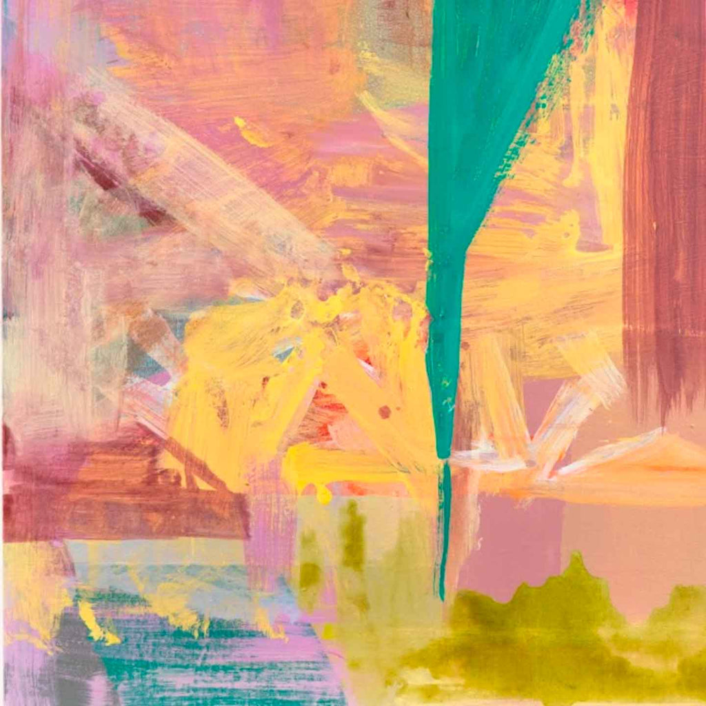 The artwork 'Flume' by Molly Herman features vibrant abstract expressionist brushstrokes in pink, yellow, and emerald green. Dynamic diagonal sweeps contrast with gentle pastel undertones, creating a fluid, energetic composition on birch. Bold gestural marks and layered paint application showcase a contemporary aesthetic in oil medium, 40x30 inches - by Molly Herman.