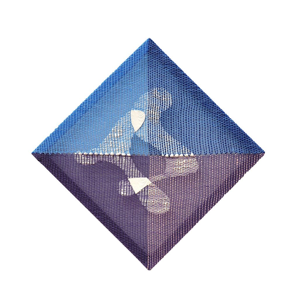 The artwork 'Flux' by Morgan Hale features a dynamic diamond-shaped composition with handwoven linen creating a textural grid pattern. The piece transitions from deep purple to vibrant blue, with white geometric forms appearing to float across the surface. The plaster elements add dimensional contrast to the woven structure, measuring 13 by 13 inches.