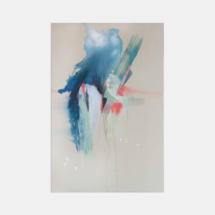 The artwork 'Forces Beyond' by Rebecca Stern features dynamic abstract brushstrokes in deep ocean blue and mint green watercolors, with subtle coral accents against a soft beige background. The composition flows vertically with ethereal washes and deliberate drips, creating a sense of movement and depth, measuring 36x24 inches.