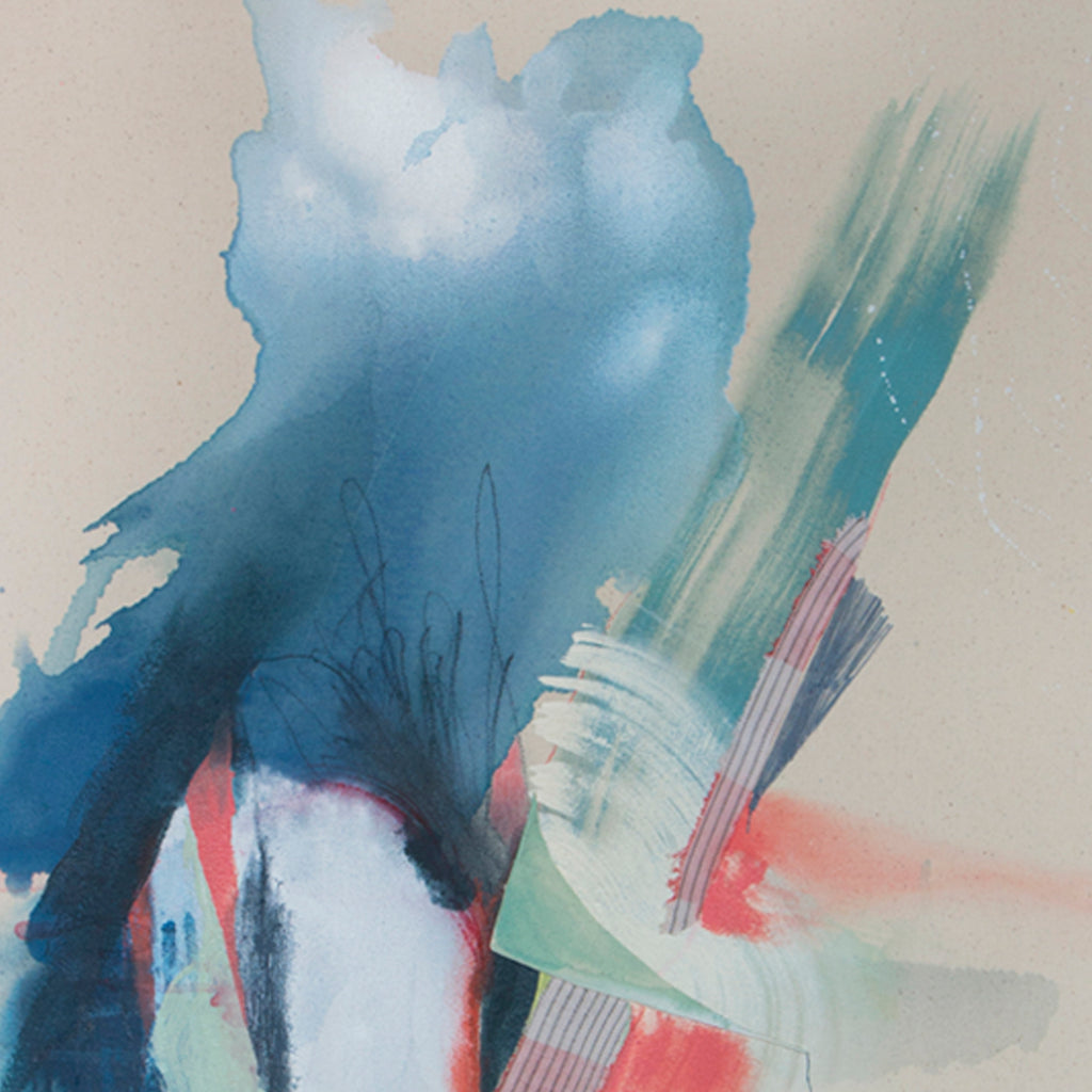 The artwork 'Forces Beyond' by Rebecca Stern features dynamic abstract brushstrokes in vibrant teal blue and coral pink watercolors. Bold gestural movements create an ethereal composition with sweeping aqua washes and translucent white spaces. The 36x24 inch piece showcases expressive marks and fluid color transitions, evoking a sense of movement and atmospheric depth.