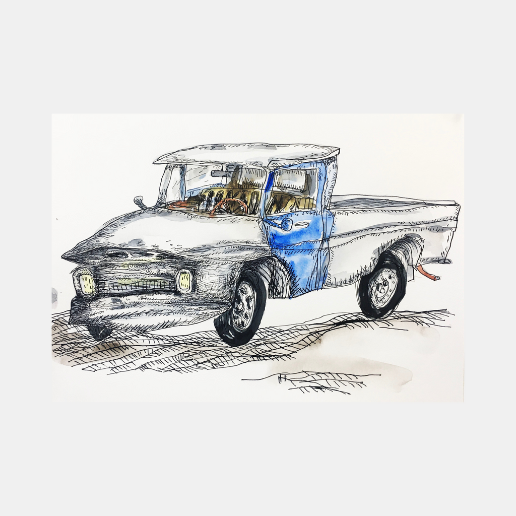 Ford Short Bed Pick Up Truck 1 by Andrew Chan: Ink and watercolor illustration depicting a classic Ford pickup truck with distinctive blue cab details, chrome trim, and rounded fenders. The sketch combines precise linework with gentle watercolor washes, capturing the vintage charm and rugged character of the iconic vehicle.