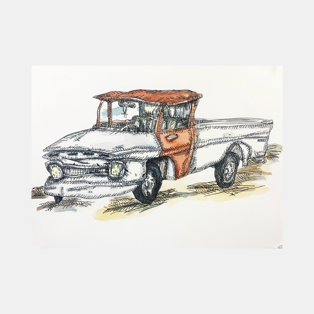 Ford Short Bed Pick Up Truck 2 by Andrew Chan depicts a vintage Ford pickup truck rendered in ink and watercolor, featuring a rust-colored cab roof, silver-gray body, and distinctive round headlights. The sketchy, loose line work and gentle watercolor washes create a nostalgic, artistic interpretation of this classic automobile.
