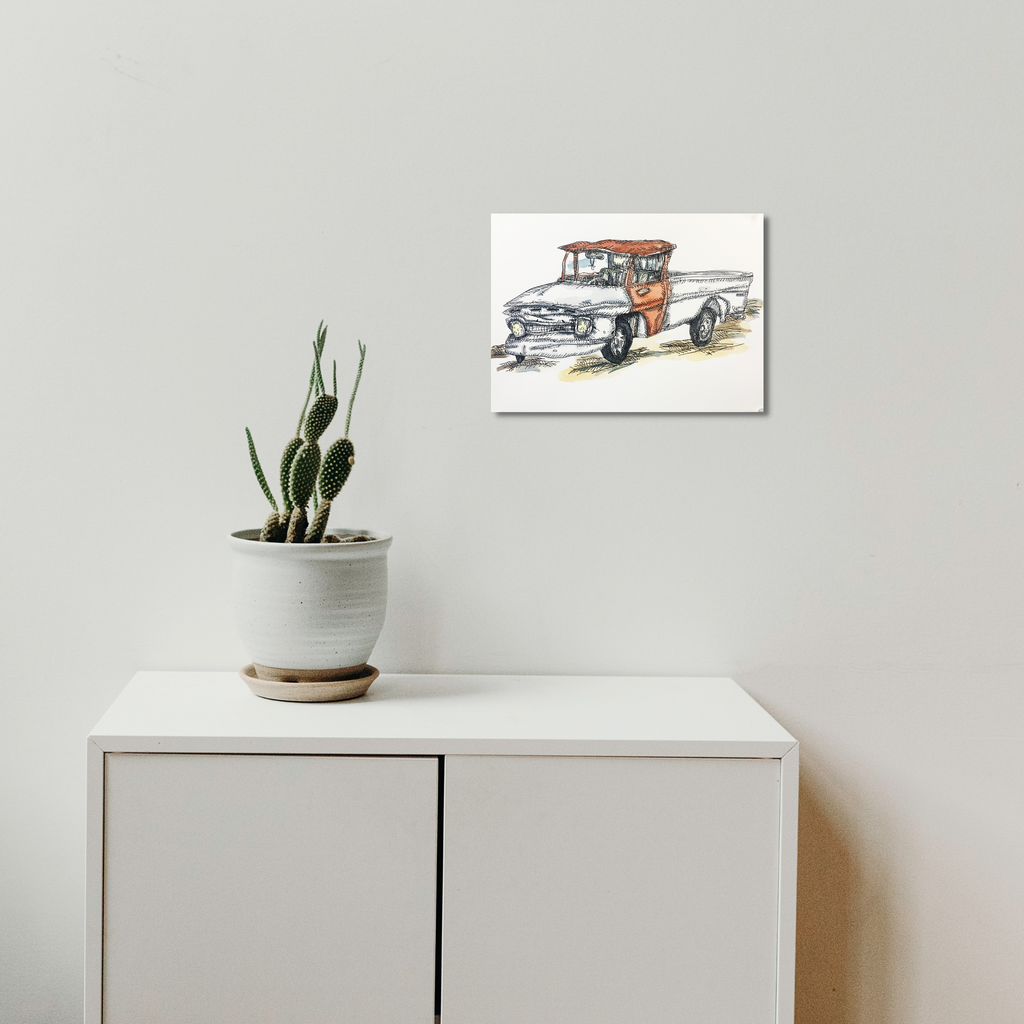 The artwork 'Ford Short Bed Pick Up Truck 2' by Andrew Chan features a vintage Ford pickup truck rendered in ink and watercolor, showcasing loose, expressive brushstrokes. The truck is depicted with an orange cab and chrome details, executed in a sketchy, artistic style that captures the classic vehicle's rugged character against a white background.