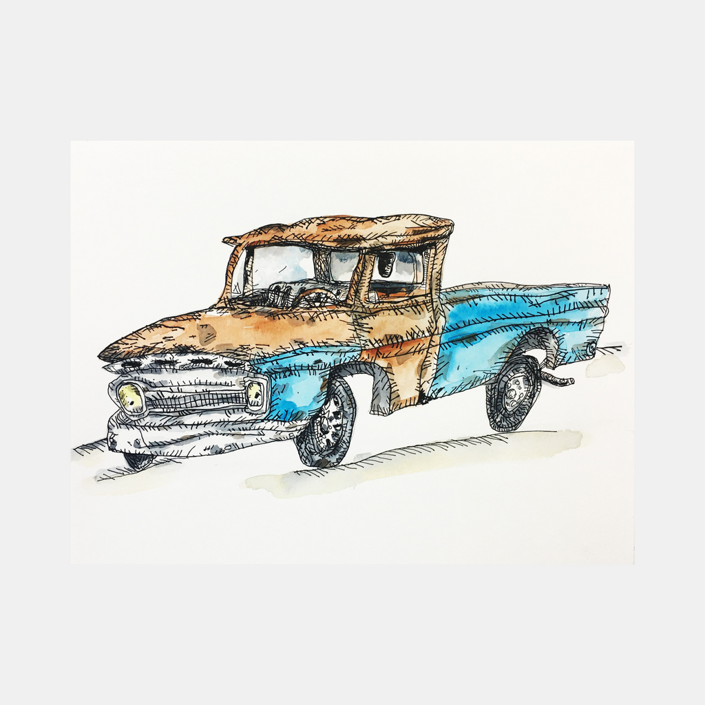 The artwork 'Ford Short Bed Pick Up Truck 3' by Andrew Chan features a vintage pickup truck rendered in ink and watercolor. The truck displays a two-tone color scheme of tan and turquoise blue, with detailed line work capturing chrome accents and classic styling. The sketch-like quality emphasizes the rustic charm of the classic Ford vehicle, showcasing its distinctive 1950s design elements.