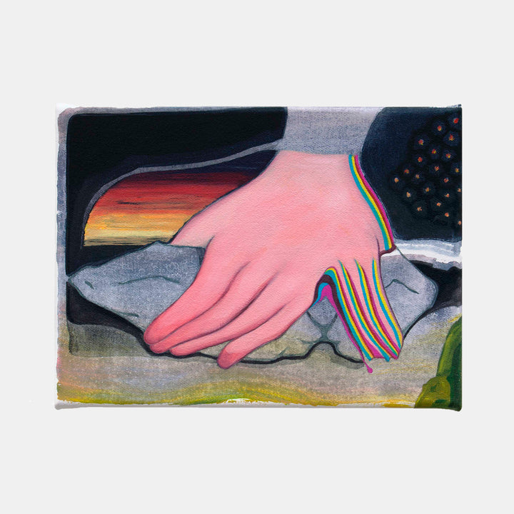 The artwork 'Forward Growth' by Christian Perdix features a surreal pink hand with rainbow-striped flowing lines emerging from the wrist, resting on grey rocks against a dark background with sunset hues. Mixed media oil and acrylic on cotton canvas creates a dreamlike quality with contrasting textures and bold color transitions.