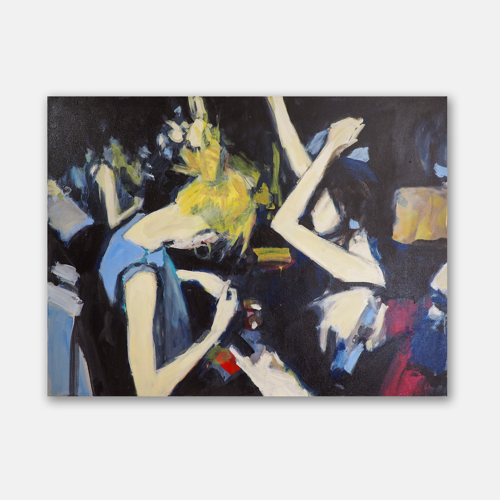 The artwork 'Free' by Chris Baily captures dynamic figures in motion against a dark background, rendered in expressive brushstrokes. Bold splashes of yellow, blue, and white create a sense of movement and energy, while red accents add dramatic contrast. The abstract composition in acrylic on canvas suggests figures in a social setting through gestural contemporary style.