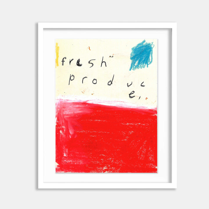 The artwork 'Fresh Produce' by Joseph O'Neal features bold minimalist composition with handwritten text in black against cream background, vibrant red block filling bottom half, and turquoise blue accent square in upper right. Created with expressive wax pastel strokes on found paper, displaying raw artistic spontaneity.