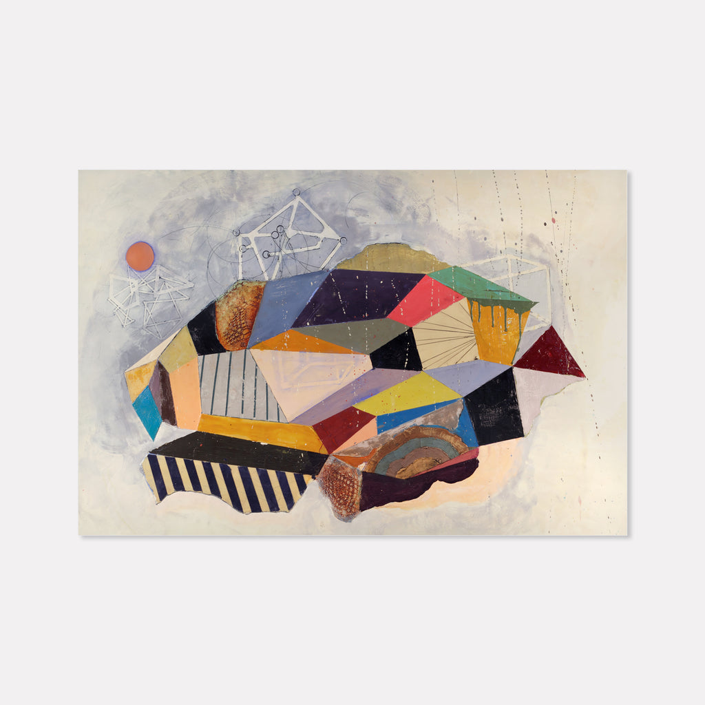 The artwork 'From a Distance' by Karen Nielsen-Fried features an abstract geometric composition with angular shapes in vibrant colors including coral, navy, yellow, and burgundy. The mixed-media piece combines encaustic and oil techniques on wood, creating textural elements with striped patterns and organic curves against a misty gray background, 24x36 inches by Karen Nielsen-Fried.